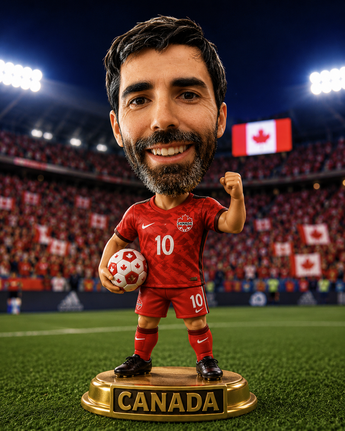 Realistic 3D Bobblehead Caricature – Football Stadium Celebration Collectible Figurine AI prompt World Cup 2026