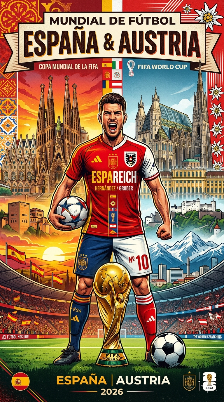 Dual Nation Football Poster – Spain vs Austria World Cup Clash Masterpiece AI prompt World Cup 2026