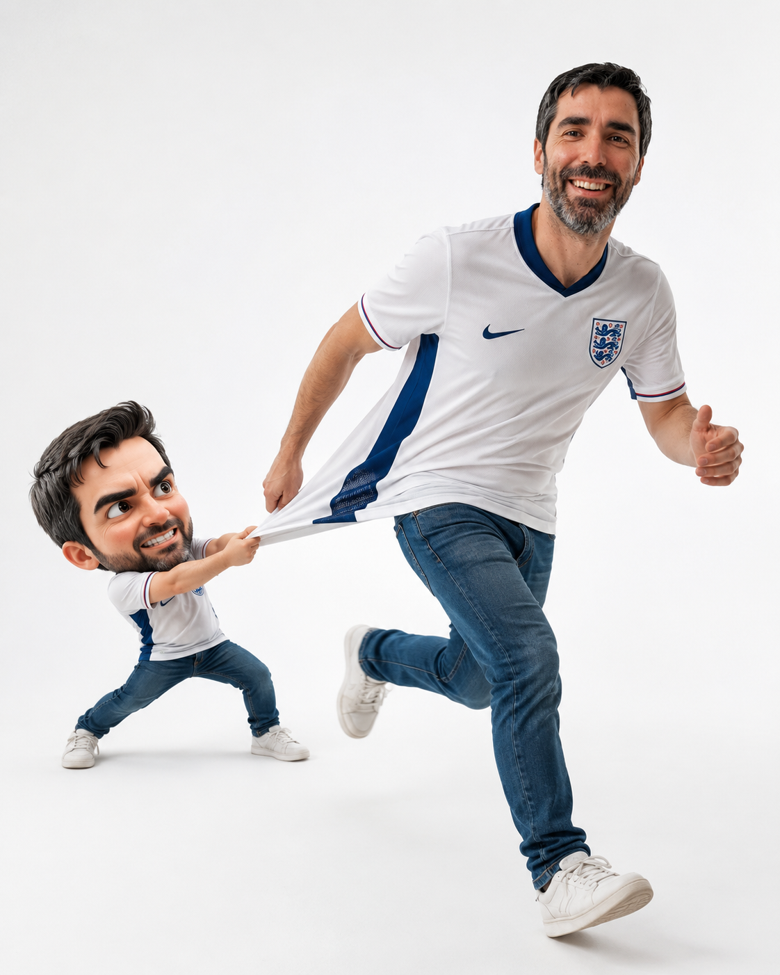 Ultra-Realistic Editorial Studio Photo – Dynamic Running Motion with Chibi Character Interaction